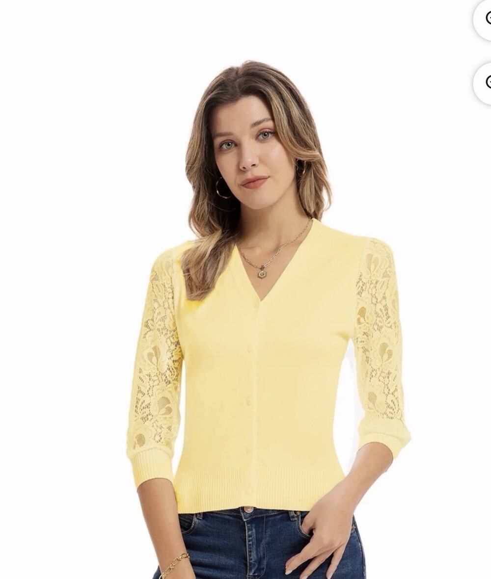 Grace Karin Women's Lightweight Cardigan V Neck Lace 3/4 Sleeve Yellow 2XL